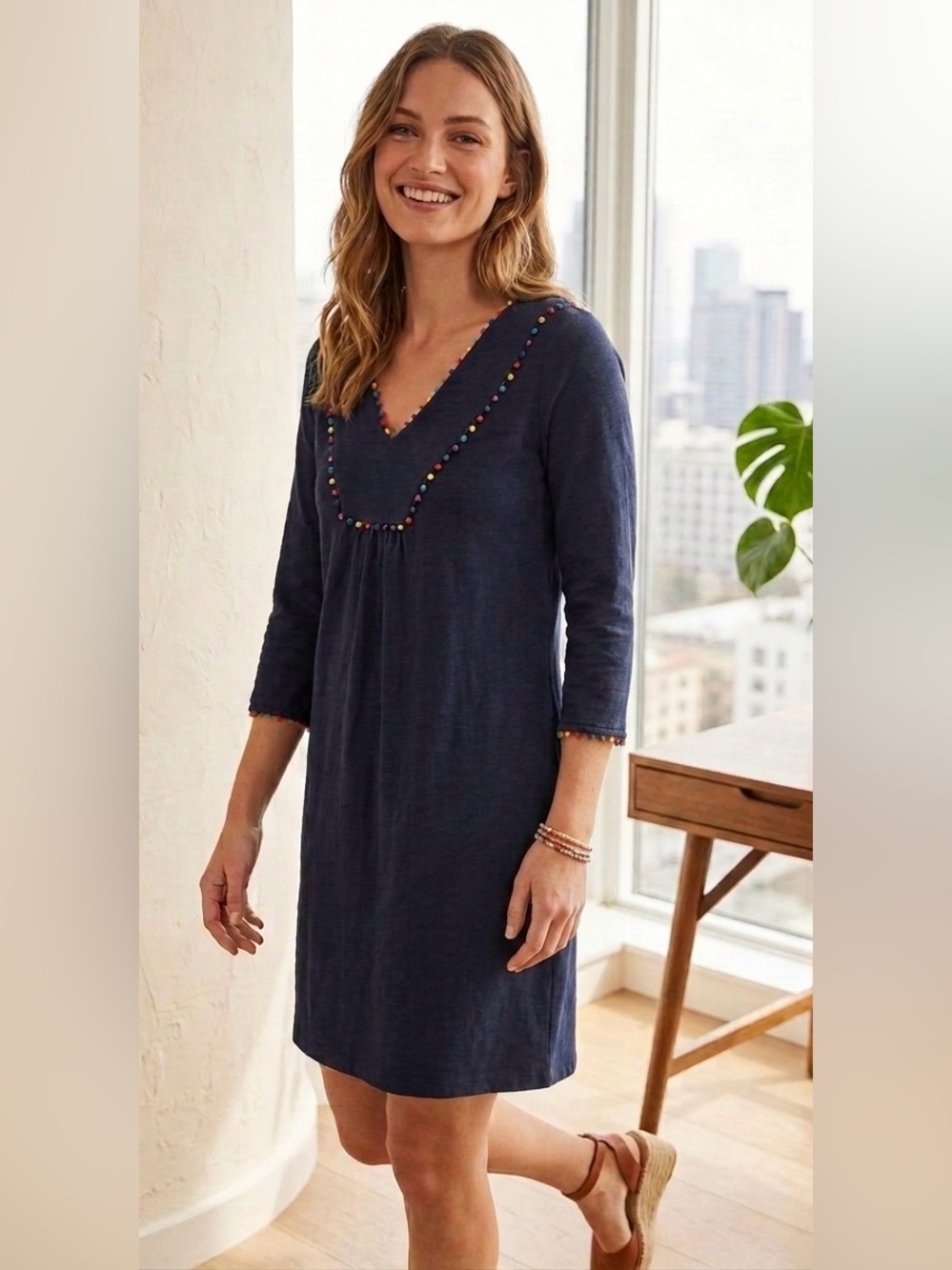 Boden Charlie Navy Multicolor Pom Pom Jersey Tunic Dress sz 6